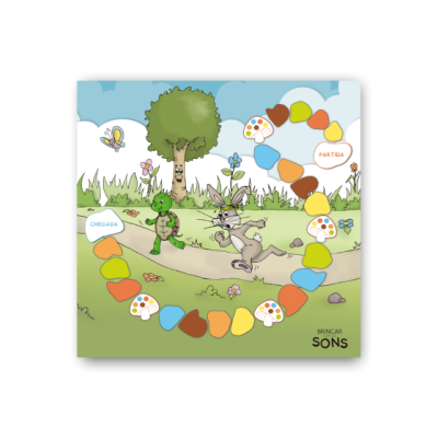 Tabuleiro de jogo ilustrado com tartaruga e coelho num campo, com trilha colorida e textos 'CHEGADA' e 'PARTIDA'.