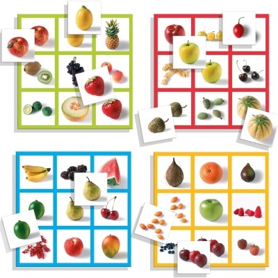 Diversas frutas coloridas organizadas em quatro quadrantes coloridos com sobreposições.