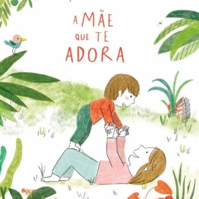 Ilustração de mãe e criança a brincar na relva com plantas ao redor