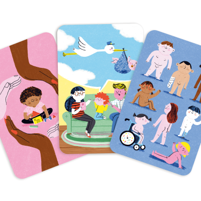 Três cartões ilustrados com crianças de diferentes etnias em várias cenas.