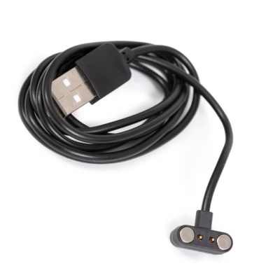 Cabo preto com conector USB e conector magnético de três pinos.
