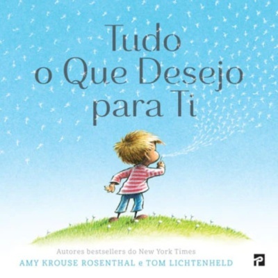 Capa de livro azul com título e criança ilustrada de costas numa colina verde