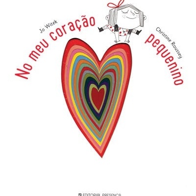 Capa de livro infantil com grande coração colorido e criança com auscultadores.