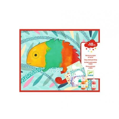 Kit de pintura infantil com imagem de peixe colorido e tintas