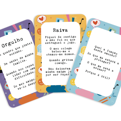 Três cartas coloridas com poemas em português e ícones decorativos no fundo
