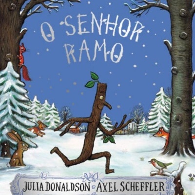 Capa de livro infantil com um ramo animado a correr numa floresta de inverno e texto do título e autores.
