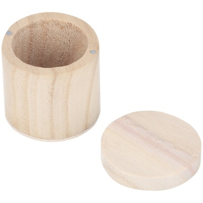 Recipiente cilíndrico de madeira clara com tampa redonda ao lado