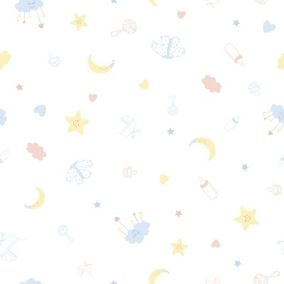 Padrão infantil com estrelas, luas, nuvens, chupetas e biberões em cores pastel sobre fundo branco