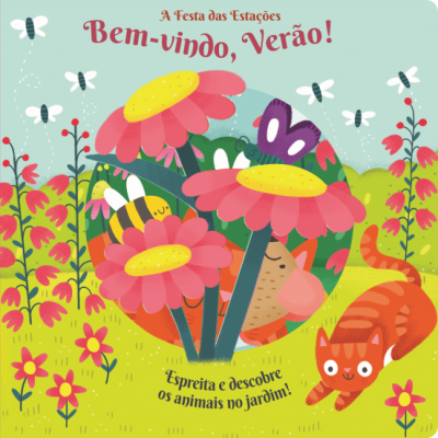 Ilustração colorida com flores, abelha, borboleta, gato e texto sobre o verão e animais no jardim