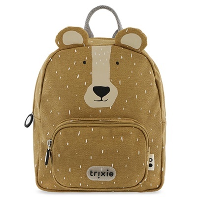 Mochila infantil castanha com padrão branco e formato de urso