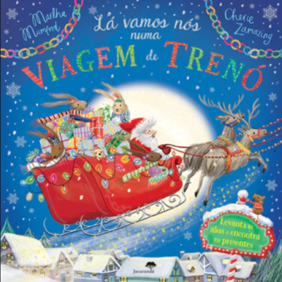 Capa de livro infantil com Pai Natal num trenó vermelho com rena e coelhos, texto e cenário de neve