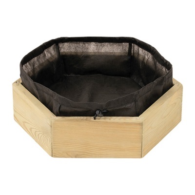 Cama octogonal para animais com base de madeira e almofada preta