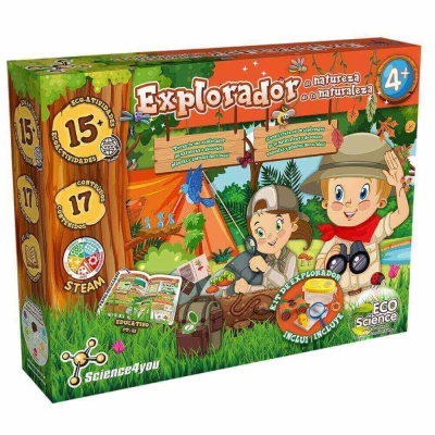 Caixa colorida de brinquedo Explorador para crianças a partir dos 4 anos com atividades ecológicas.