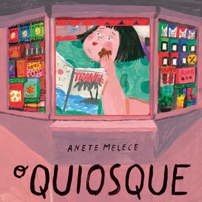 Capa de livro com ilustração colorida de quiosque rosa e personagem lendo revista TRAVEL