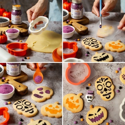 Preparação e decoração de biscoitos de Halloween com cortadores, açúcar colorido e esmalte gourmet.