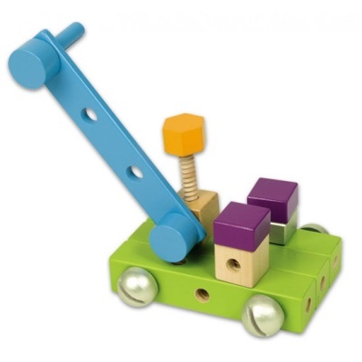 Brinquedo de madeira de carrinho verde com estrutura azul e blocos coloridos