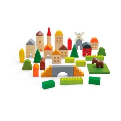 Conjunto de blocos de madeira para montar uma pequena aldeia colorida