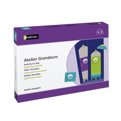 Caixa do produto Atelier Grandeurs da Nathan para crianças, predominantemente roxa e branca