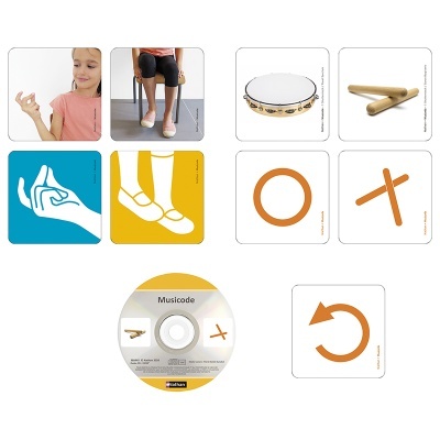 Cartas ilustradas com símbolos musicais, crianças a tocar instrumentos, pandeireta, baquetas e CD Musicode