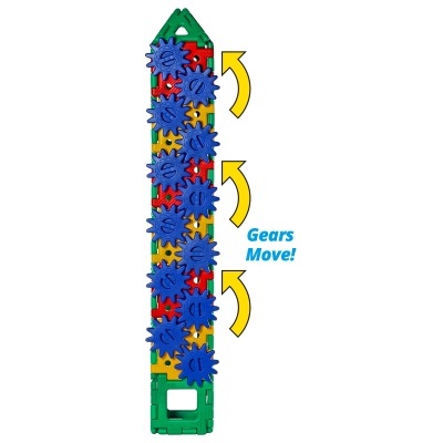 Peças plásticas coloridas com engrenagens azuis e texto 'Gears Move!'