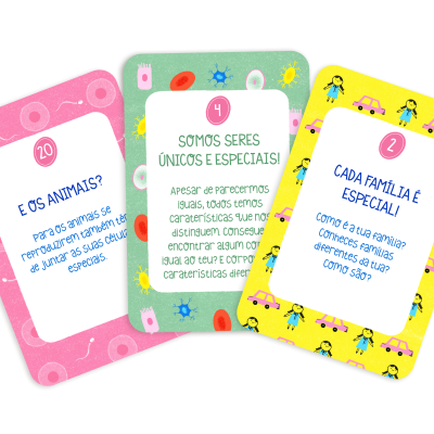 Três cartas coloridas com textos em português, cada uma com número de identificação e padrões diferentes no fundo.