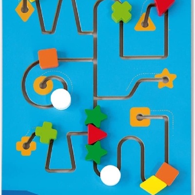 Brinquedo educativo azul com percursos e figuras geométricas coloridas.