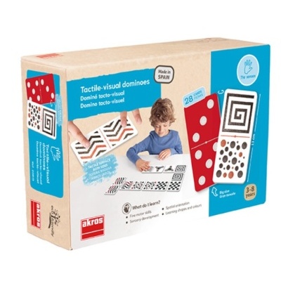 Caixa de dominó tátil-visual para crianças, com dominós brancos e vermelhos e texto em inglês e espanhol.