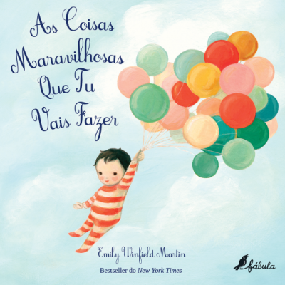 Capa de livro com criança e balões coloridos, título em azul