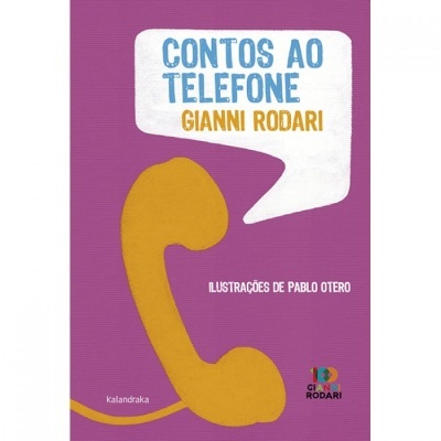 Capa de livro Contos ao Telefone de Gianni Rodari com telefone amarelo e fundo roxo