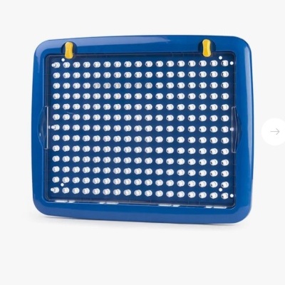 Tabuleiro azul com 180 pequenos lápis brancos com pontas coloridas organizados em fileiras.