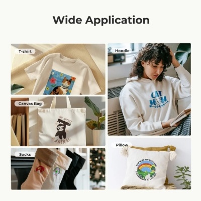 Produtos variados: t-shirt, hoodie, saco de pano, meias e almofada com estampas coloridas e textos.