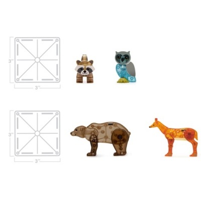 Quatro puzzles de madeira em forma de animais: guaxinim, coruja, urso e girafa