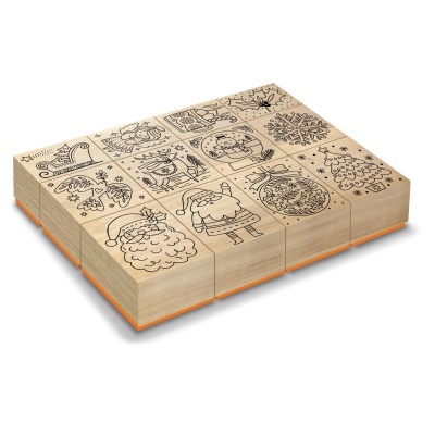 Blocos de madeira com desenhos de Natal em preto sobre base laranja