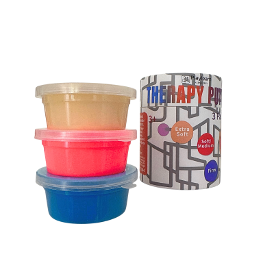 Conjunto de massa de modelar terapêutica Playlearn com três potes coloridos em embalagem cylindrical.