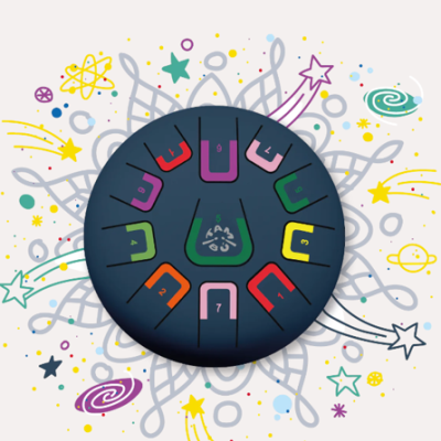 Tambor de aço colorido com 10 línguas e fundo decorado com padrões e estrelas