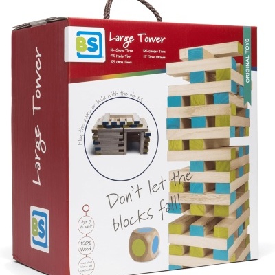 Jogo de torre de blocos de madeira coloridos em embalagem vermelha e branca