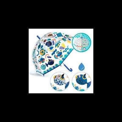 Guarda-chuva infantil com padrão de peixes coloridos e cabo azul