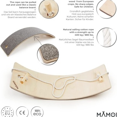 Placa de balanço de madeira clara com corda branca e detalhes em feltro cinza