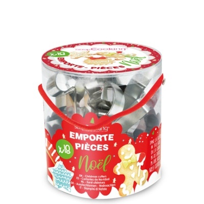 Conjunto de cortadores de biscoitos natalícios metálicos em caixa transparente com tampa e etiqueta vermelha