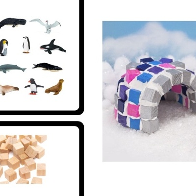 Miniaturas animais, cubos de madeira e iglu em blocos macios com pinguim