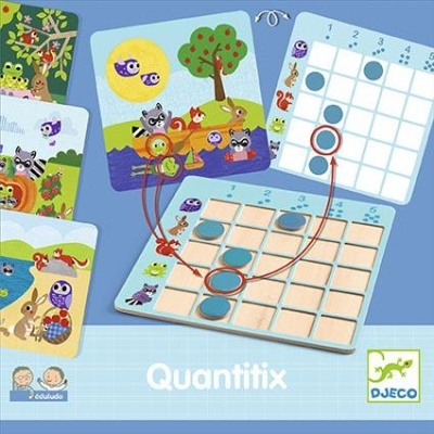 Jogo de tabuleiro Quantitix da marca Djeco com peças e cartões coloridos