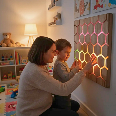 Painel de parede em madeira com luzes LED coloridas em quarto infantil