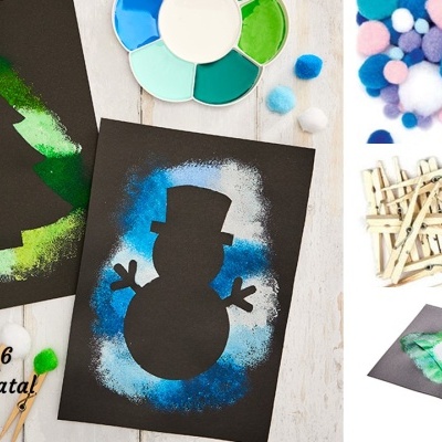 Stencil de Natal com árvore e boneco de neve pintados em cartazes pretos, paleta de tintas, pompons coloridos e pinças de madeira.