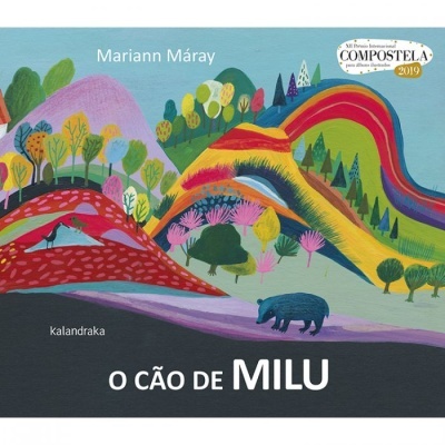 Capa de livro infantil 'O Cão de Milu' com ilustração colorida de paisagem e urso azul