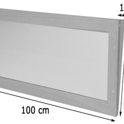 Espelho retangular com moldura madeira clara e dimensões indicadas.