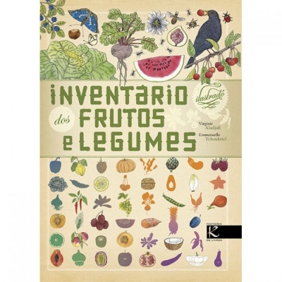 Capa de livro com ilustrações coloridas de frutas e legumes e título 'INVENTÁRIO dos FRUTOS e LEGUMES'