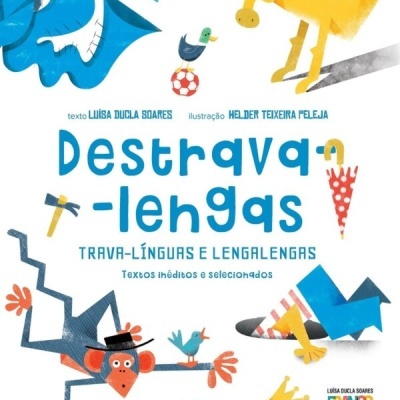 Capa de livro infantil Destrava-lengas com ilustrações coloridas de animais e objetos