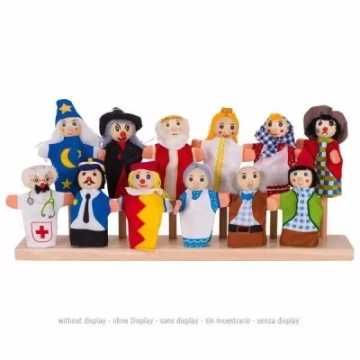 Conjunto de fantoches de tecido coloridos de personagens variados em base de madeira