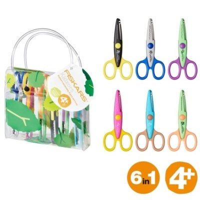 Conjunto de 6 tesouras coloridas Fiskars em caixa plástica transparente com design de folhas verdes