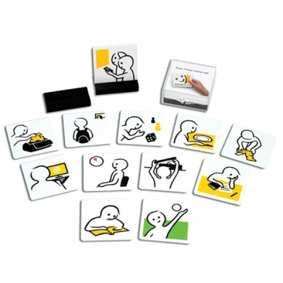 Cartas ilustrativas com desenhos de ações em preto, branco, amarelo e verde